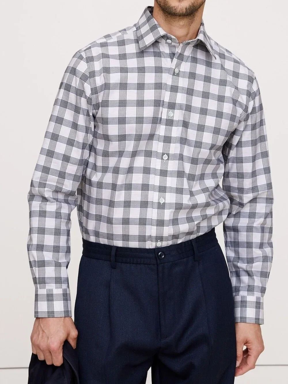 Banana Republic Men's Grey Multi Plaid Grant Fit Button-Down Dress Shirt